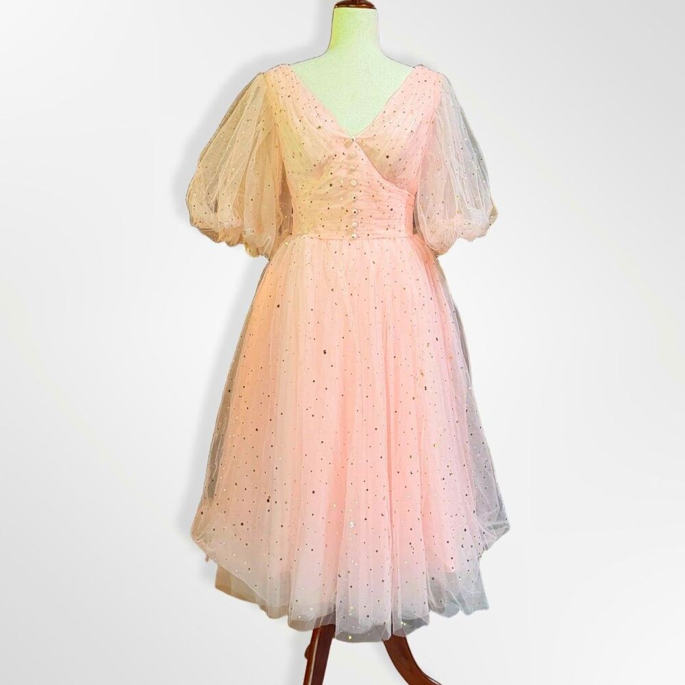 Pink Tulle Puff Sleeve Flare Dress, Gold Glitter Stars Whimsical